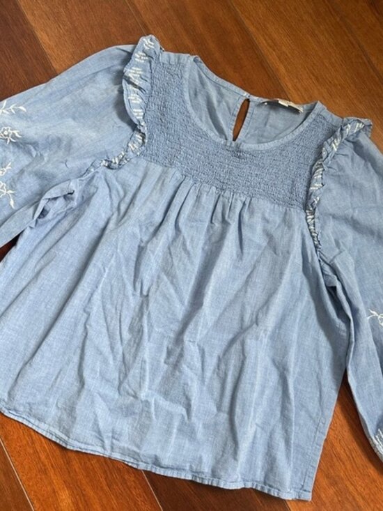 LOFT Embroidered Smock Light Blue Long Sleeve Blouse Size Large Petite - Picture 1 of 6